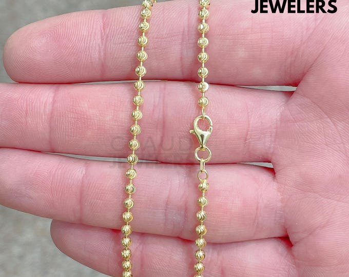 Solid 925 Sterling Silver 3MM Moon Cut Ball Chain Necklace Beaded Ball Necklace - 14K Gold Plated Sterling Silver Necklace