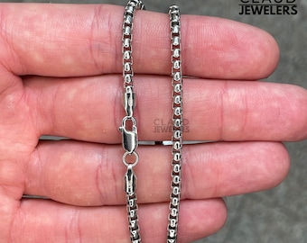 Solid 925 Sterling Silver 3MM Thick Round Box Link Chain Necklace Italian Made