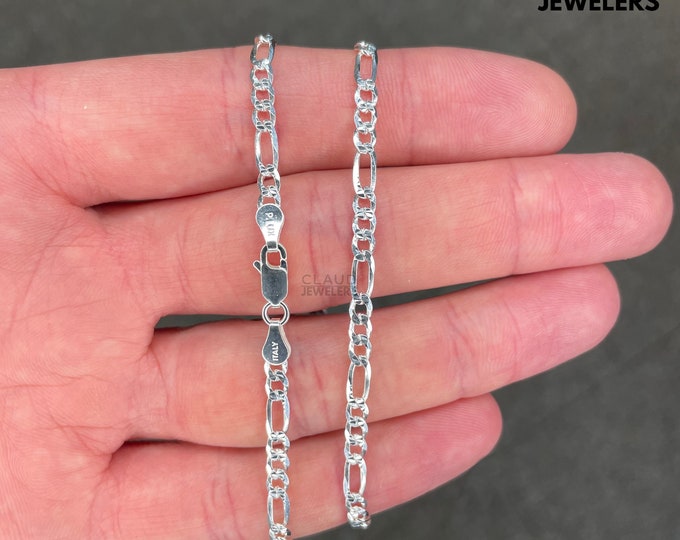 Italian Sterling Silver Figaro Pave 3.5MM Link Chain Necklace Silver Chain 925 UNISEX