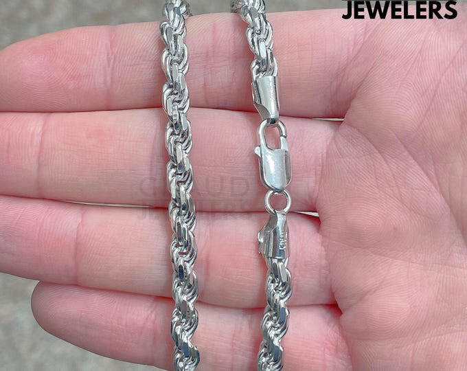 Solid Sterling Silver 5.5MM Rope Link Chain Necklace 925 Silver Chain - Rhodium Plated Sterling Silver Necklace