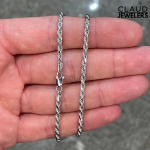 Solid 925 Sterling Silver 3MM Twisted Link Rope Chain Necklace Italian Made Rhodium Plated