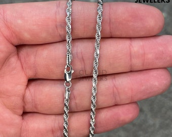 Solid 925 Sterling Silver 3MM Twisted Link Rope Chain Necklace Italian Made Rhodium Plated