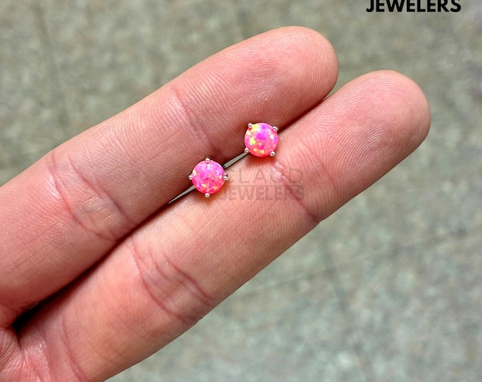 925 Solid Sterling Silver Created Pink Opal Studs Earrings Unisex