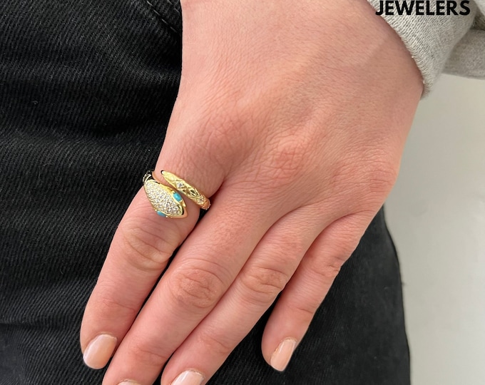 Created Turquoise Ring, Rings For Women, Cubic Zirconia Rings, Dainty Ring, Snake Jewelry
