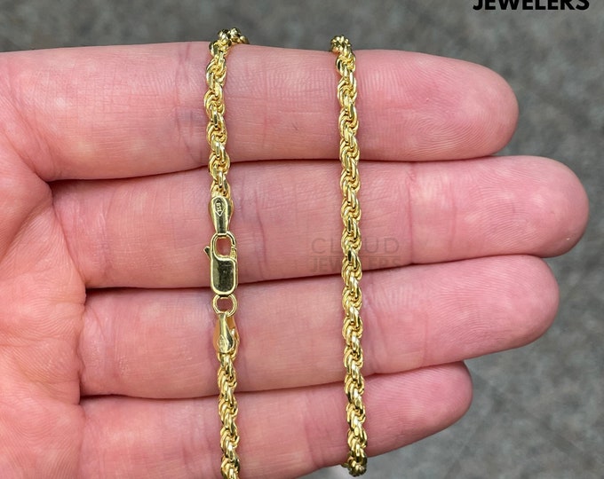 Solid 925 Sterling Silver 3.5MM Rope Chain Necklace Italian Made 14k Gold Plated