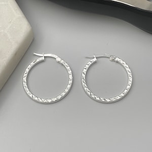 Solid Sterling Silver Diamond Cut X Hoop Earrings, Hammered Hoop Earrings 25MM