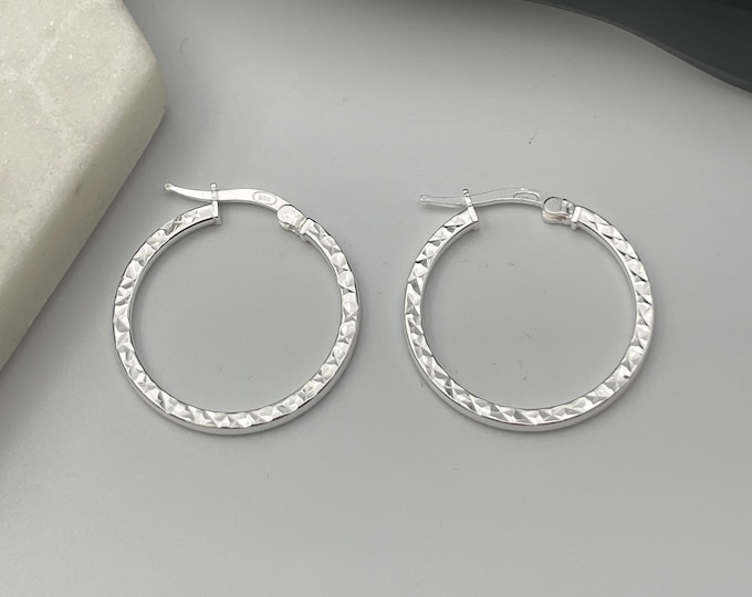 Solid Sterling Silver Diamond Cut X Hoop Earrings, Hammered Hoop Earrings 25MM