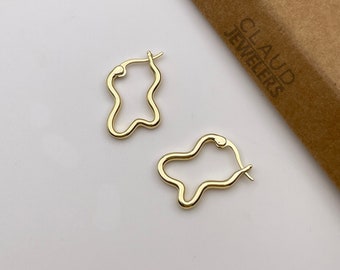 Wiggle Earrings, 14K Gold Plated Hoop Earrings, French Lock Wave Earrings, Dangle Earrings