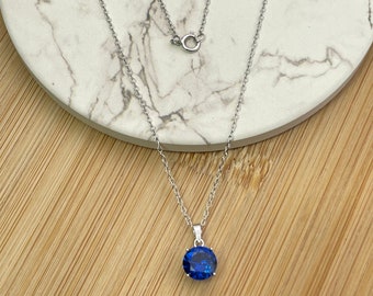 Solid 925 Sterling Silver Blue Sapphire Pendant Necklace Silver 925 Necklace