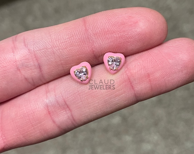 14K Gold Plated Pink Halo Crystal Heart Studs Earrings, Butterfly Closer Earrings, Studs Earrings