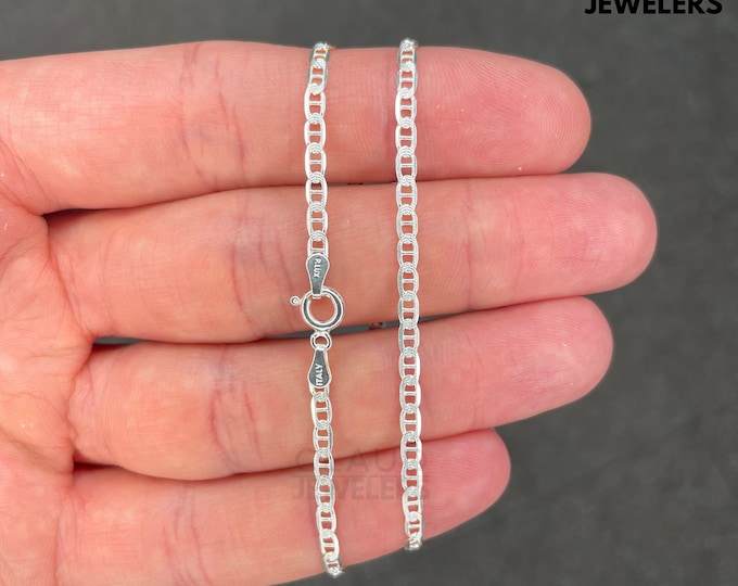 Solid 925 Sterling Silver Diamond Cut 2.5MM Flat Marina Link Chain Necklace UNISEX