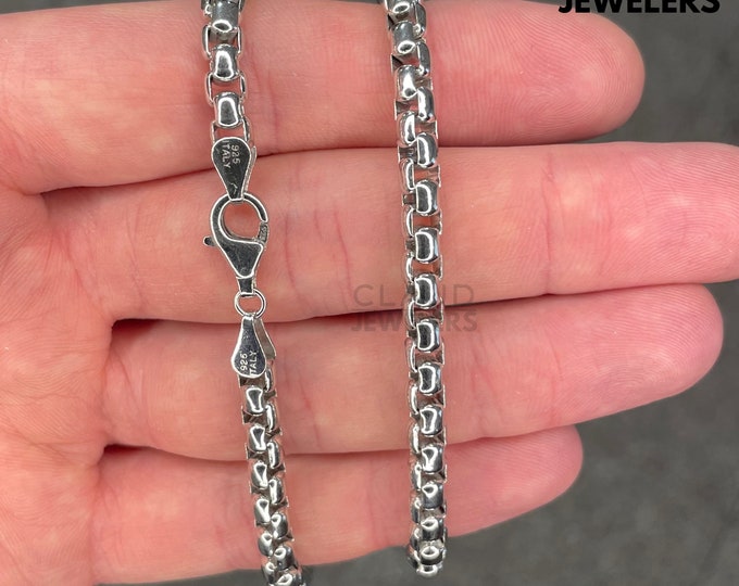 Solid 925 Sterling Silver 4MM Thick Round Box Link Chain Necklace Italian Made