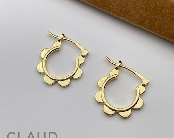 French Lock Flower Earrings, 14K Gold Plated Hoops, Dangle Earrings