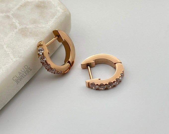 18K Rose Gold Plated Huggie Hoops, Crystal Huggie Hoops, Huggie Hoop Earrings 14MM