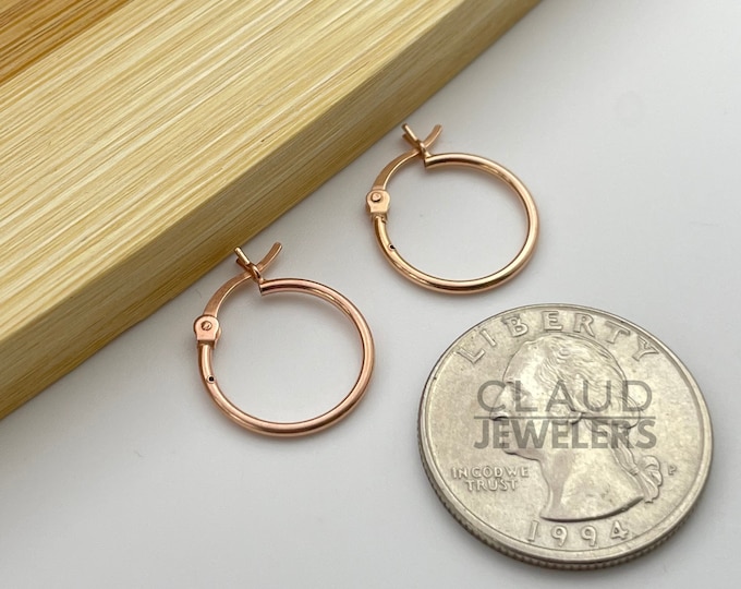 925 Solid Sterling Silver 15MM Classic French Lock Hoop Earrings Men Women Children, Rose Gold Plated