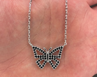 Round Black Sapphire Butterfly Pendant Necklace For Women Girls