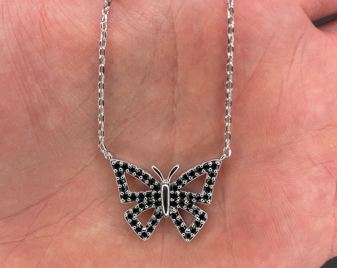 Round Black Sapphire Butterfly Pendant Necklace For Women Girls