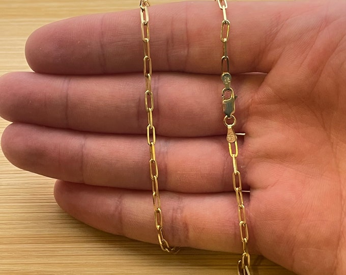 Solid 925 Sterling Silver 3MM Paper Clip Chain Necklace 14K Gold Over Sterling Silver Necklace