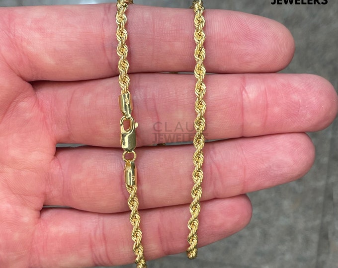 Italian Hollow Sterling Silver Rope Link Chain Necklace Silver Chain 3.5MM 14K Yellow Gold Plated UNISEX