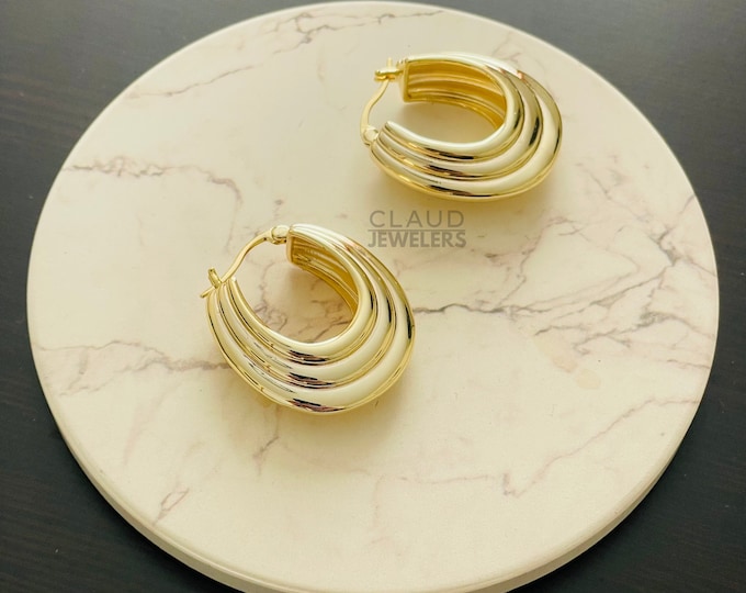 14K Gold Plated Hoop Earrings For Women, Graduated Gold Plated Hoop Earrings