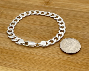 Solid Italian 925 Sterling Silver Curb Chain Bracelet, Mens Thick Bracelets, Curb Link Chain 8 Inch Bracelet