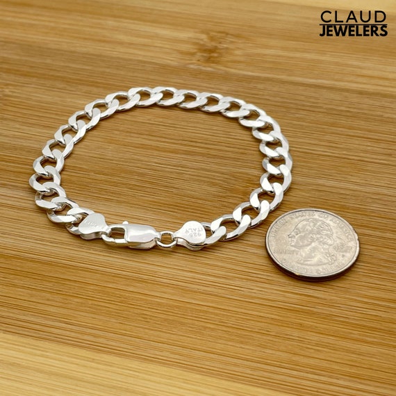 Solid Italian 925 Sterling Silver Curb Chain Bracelet, Mens Thick