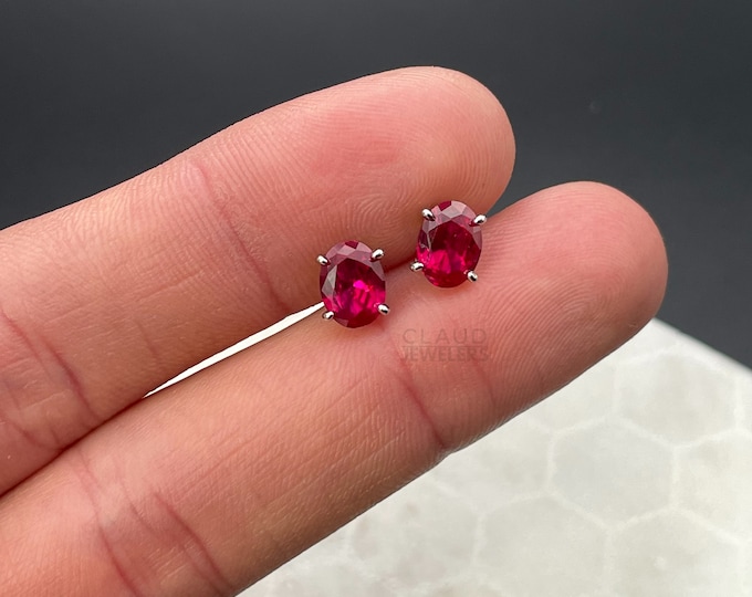 Sterling Silver Oval Cut Created Ruby Gemstone Studs Earrings