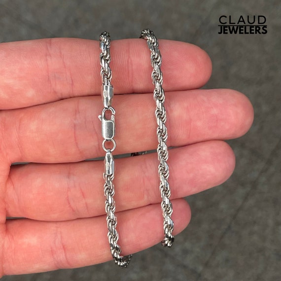 Rhodium 925 Solid Sterling Silver 3mm Twisted Rope Chain Necklace
