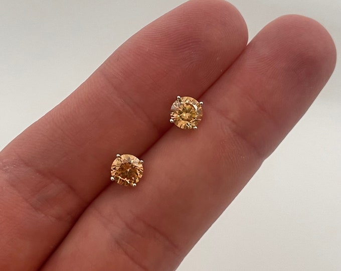 Solid Sterling Silver 925 Round Cut Created Apricot Stud Earrings