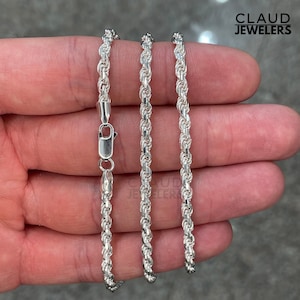 Italian Solid Sterling Silver 3MM Rope Link Chain Necklace 925 Silver Chain