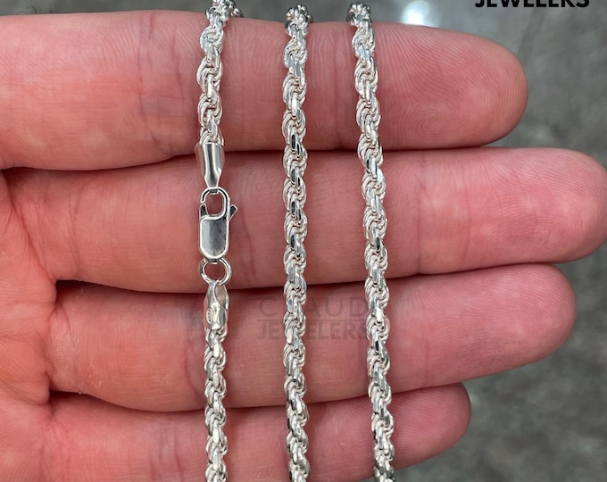 Italian Solid Sterling Silver 3MM Rope Link Chain Necklace 925 Silver Chain