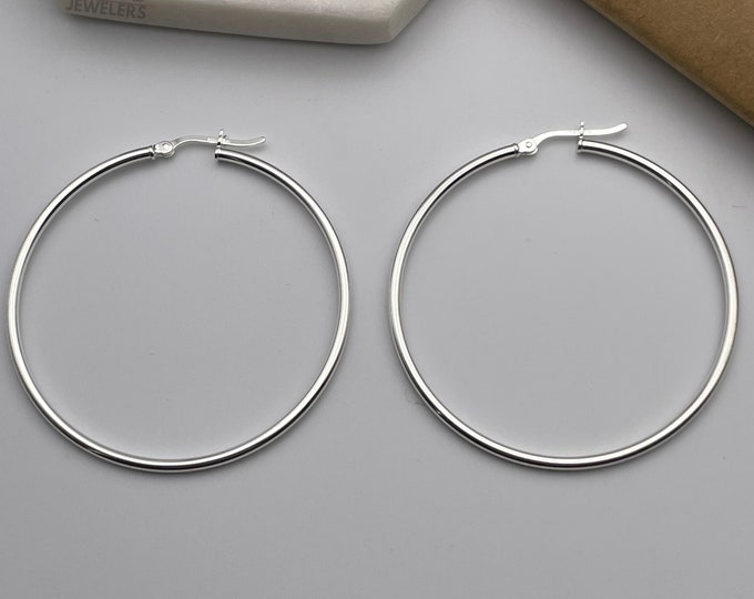 925 Solid Sterling Silver Large 50MM Classic French Lock Hoop Earrings