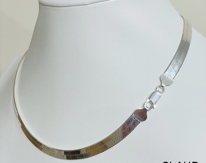 Solid 925 Sterling Silver 6.5MM Flat Herringbone Chain Necklace Italian Made 16 Inch