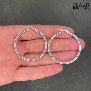 May include: A pair of silver hoop earrings. The hoops are smooth and have a simple design.