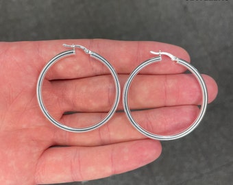 925 Solid Sterling Silver Large 45MM French Lock Thick Hoop Earrings