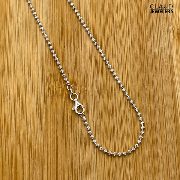 Solid 925 Sterling Silver 2MM Moon Cut Bead Chain Necklace Stacking Necklace