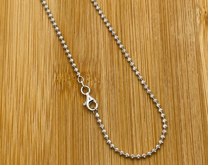 Solid 925 Sterling Silver 2MM Moon Cut Bead Chain Necklace Stacking Necklace