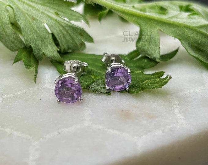 Sterling Silver Created Amethyst Round Cut Gemstone Studs Earrings