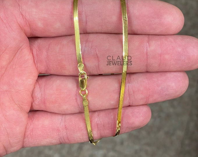 925 Solid Sterling Silver Herringbone Snake Chain Necklace, 14K Gold Plated Sterling Silver