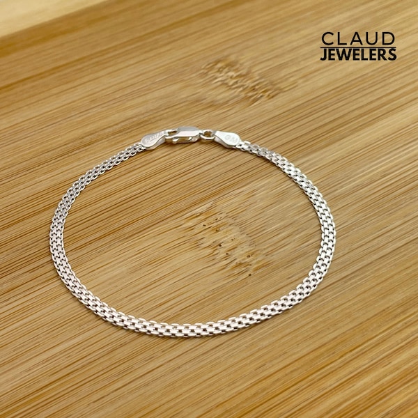 Solid Italian 925 Sterling Silver Bismark Chain Bracelet, Womens Bracelets, Bismark Link Chain 7 Inch Bracelet