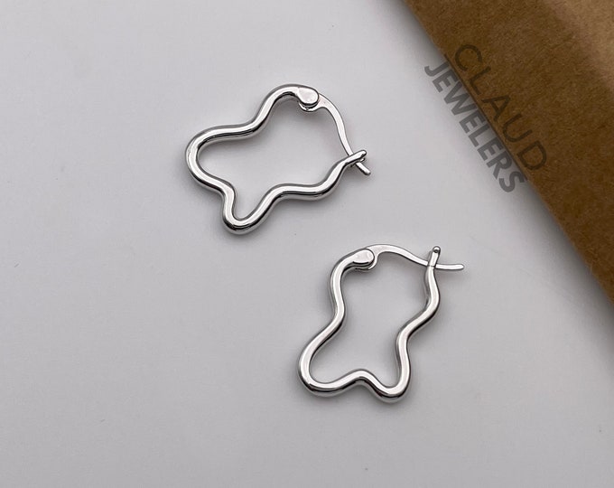 Wiggle Earrings, 14K White Gold Plated Hoop Earrings, French Lock Wave Earrings, Dangle Earrings