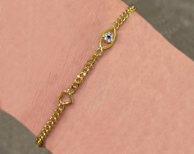Ladies Bracelet, Blue Sapphire Evil Eye and Heart Bracelet For Women And Girls 7 + 2 Inch