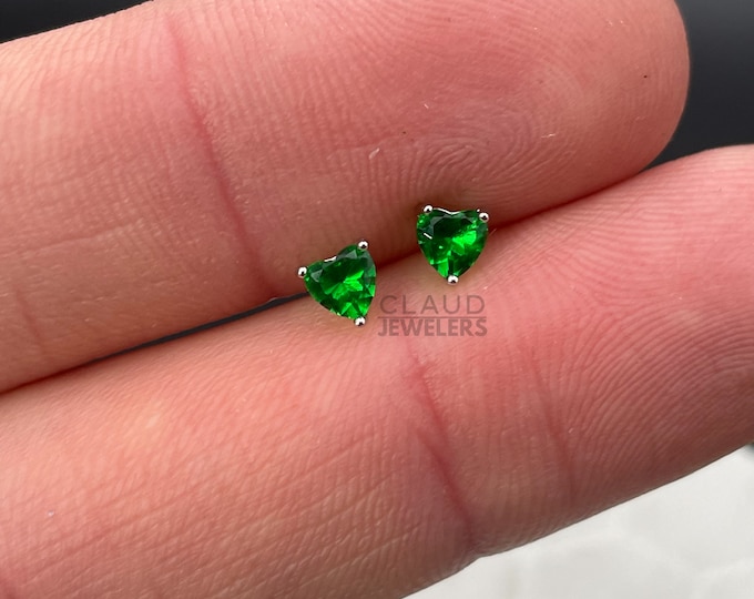 Sterling Silver Created Emerald Heart Cut Stud Earrings