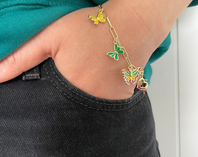 Multi Color Butterfly Bracelet, Paperclip Chain Bracelet, Ladies Heart Bracelet