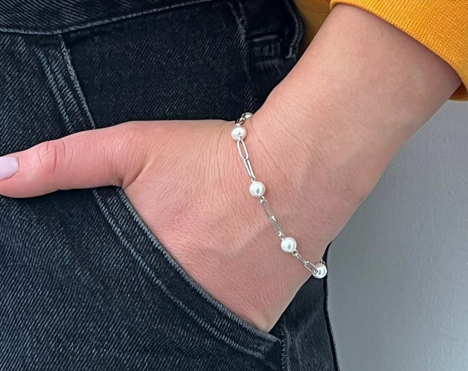 Paperclip Chain Pearl Bracelet, Pearl Women's Bracelet