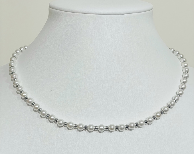 Pearl Choker Necklace, 16 + 2 Inch Long Beaded Pearl Necklace, White Pearl Necklace
