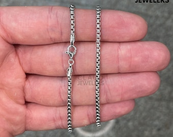 Solid 925 Sterling Silver Round Box Link Chain Necklace Unisex