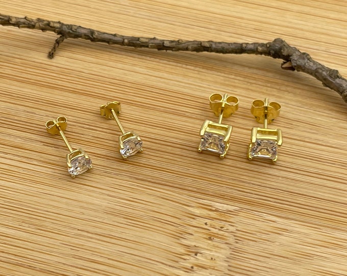 2 Pack 925 Sterling Silver Studs Earrings, CZ Earrings, Stud Earrings, Everyday Stud Earrings, Round And Square Earrings