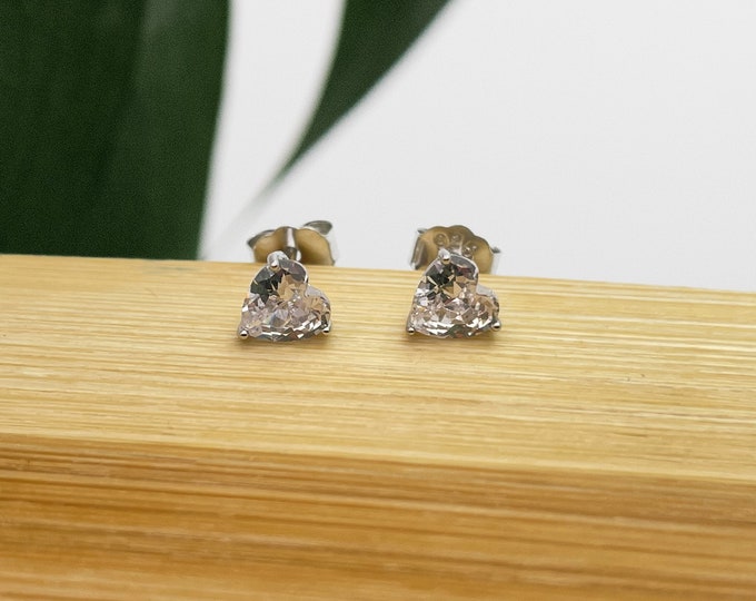 Sterling Silver CZ Cubic Zirconia Heart Cut Crystal Stud Earrings