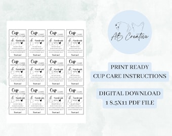 Puede incluir: Archivo PDF imprimible de 21,6 x 27,9 cm con 12 etiquetas de instrucciones de cuidado de la taza. Cada etiqueta presenta una ilustración en blanco y negro de una taza con el texto "Instrucciones de cuidado de la taza Hecho a mano con" e instrucciones para lavar solo a mano y evitar el calor extremo.